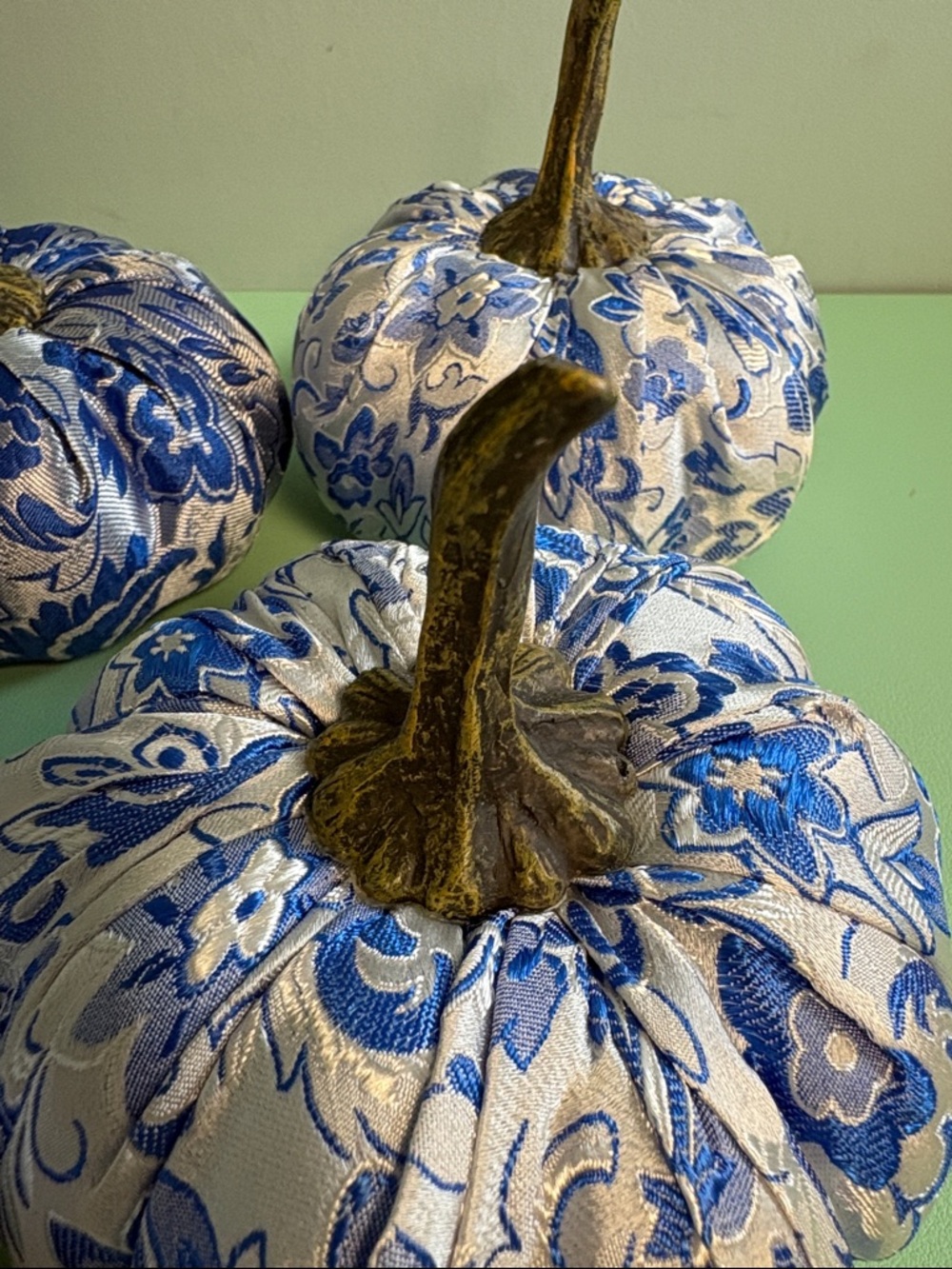 Faux Chinoiserie Chic Blue and White Decorative Fabric Covered Pumpkins Set of 6 - Picture 4 of 4
